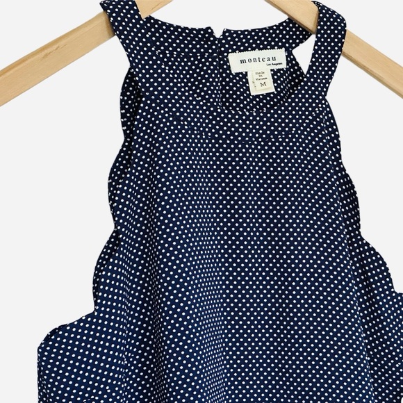 Monteau Sleeveless Top Size Medium Navy Blue W/ White polka dots Tunic Blouse - Picture 2 of 9